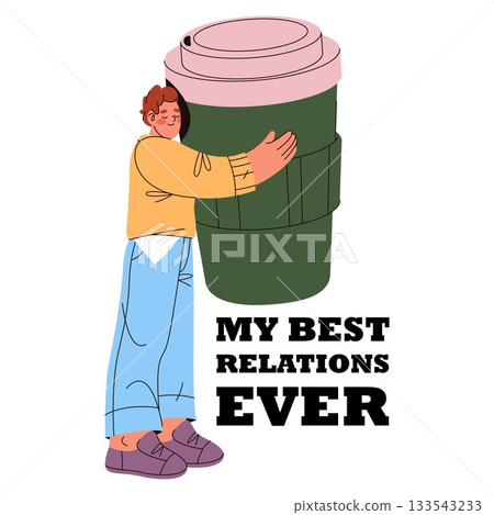 Coffee banner with slogan. Vector hot drink takeaway poster with motivation phrase. Branding and lettering for caffeine drink or hot beverage. Morning drinker hugging cup sign. Marketing, advertising. Coffee banner with slogan. Vector hot drink takeaway poster with motivation phrase. Branding and lettering for caffeine drink or hot beverage. Morning drinker hugging cup sign. Marketing, advertising. 133543233