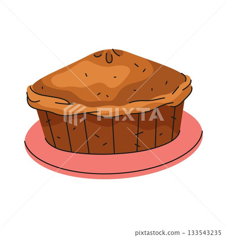 Chicken pot pie or baked pastry with meat. Vector meal filled with poultry and vegetables. Traditional American family nutrition on plate. Dinner and lunch cuisine element. Gastronomy and culinary. 133543235