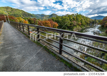 長瀞市荒川和寬石水管橋,秋葉和山谷中清澈的溪流 長瀞市荒川和寬石水管橋,秋葉和山谷中清澈的溪流 133543284