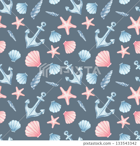 Grey background with blue anchors, coral starfish and pastel shells arranged in a watercolor hand drawn seamless pattern. Suitable for apparel prints, beach bags, scrapbooking and coastal decor items 133543342