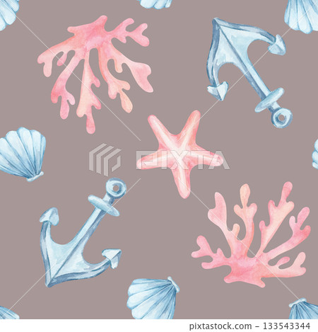 Pink coral, blue anchors, and shells arranged on taupe form this watercolor illustration and hand drawn seamless pattern perfect for home decor textiles, stationery, product wrap Pink coral, blue anchors, and shells arranged on taupe form this watercolor illustration and hand drawn seamless pattern perfect for home decor textiles, stationery, product wrap 133543344