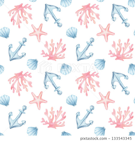Blue anchors, pink corals, and small starfish repeat in this watercolor illustration and hand drawn seamless pattern designed for textile surfaces, planner stickers, and ocean-inspired accessories Blue anchors, pink corals, and small starfish repeat in this watercolor illustration and hand drawn seamless pattern designed for textile surfaces, planner stickers, and ocean-inspired accessories 133543345
