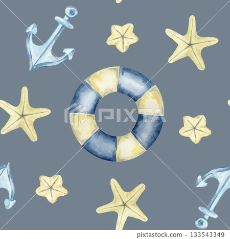 Lifebuoys, blue anchors, and bright starfish on gray form this watercolor illustration and hand drawn seamless pattern suitable for textile surfaces, wrapping paper, coastal branding 133543349