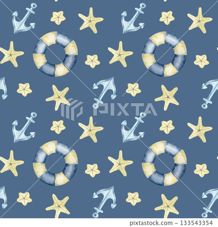 Lifebuoys, anchors, and starfish in soft tones fill this navy watercolor illustration and hand drawn seamless pattern perfect for swimwear, textile, cruise branding, and coastal-style merchandise 133543354