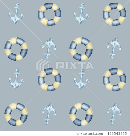 Gray background with lifebuoys, blue anchors, and beige starfish creates this watercolor illustration and hand drawn seamless pattern for apparel, stationery, packaging, and nautical surface design 133543355