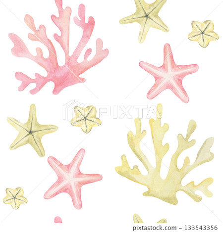 Large pink and yellow corals with soft starfish create this watercolor illustration and hand drawn seamless pattern ideal for coastal textiles, kids room decor, product packaging Large pink and yellow corals with soft starfish create this watercolor illustration and hand drawn seamless pattern ideal for coastal textiles, kids room decor, product packaging 133543356