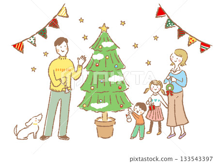 Illustration of a family of four decorating a Christmas tree 133543397