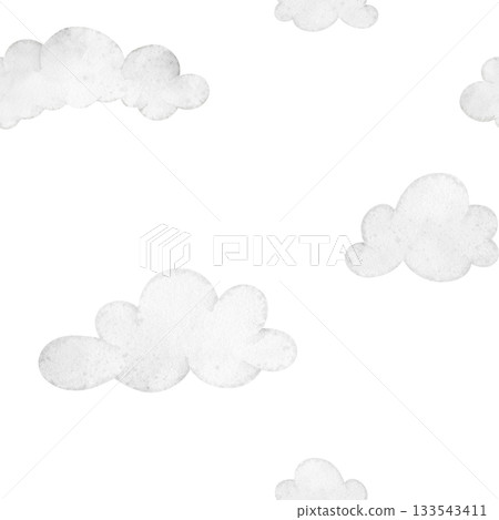 Cloud watercolor seamless pattern in soft pastel colors. Illustration of light sky background for nursery wallpaper or childish textile. Backdrop for baby shower design or kids wrapping paper. 133543411
