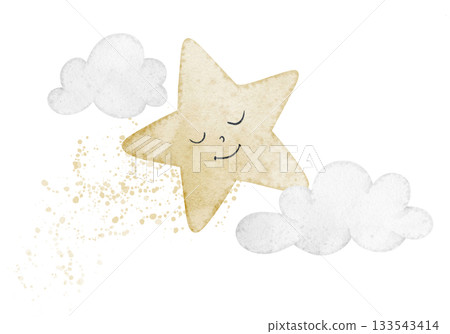 Star watercolor illustration with a peaceful sleepy face, surrounded by clouds in pastel tones. Drawing of sky object for nursery posters and baby shower greeting cards in dreamy night style. Star watercolor illustration with a peaceful sleepy face, surrounded by clouds in pastel tones. Drawing of sky object for nursery posters and baby shower greeting cards in dreamy night style. 133543414