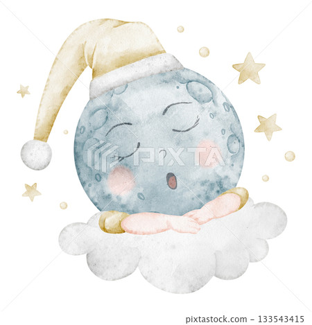 Moon watercolor illustration with a sleepy lunar face resting on clouds, surrounded by stars and pastel tones. Drawing of sky object for bedtime nursery posters or dreamy night designs. Moon watercolor illustration with a sleepy lunar face resting on clouds, surrounded by stars and pastel tones. Drawing of sky object for bedtime nursery posters or dreamy night designs. 133543415