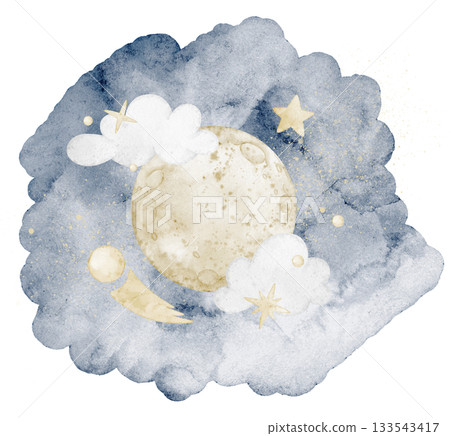 Moon watercolor illustration with dark blue sky, clouds, stars and comets. Drawing of celestial scene for dreamy night nursey poster or childish cosmic designs. Art in pastel colors for baby greeting. Moon watercolor illustration with dark blue sky, clouds, stars and comets. Drawing of celestial scene for dreamy night nursey poster or childish cosmic designs. Art in pastel colors for baby greeting. 133543417