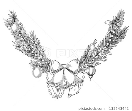 Vector illustration with spruce branches, bells, and ornaments forming a Christmas wreath. Linear drawing of Xmas template for festive borders and vintage greeting cards. Etching of outline frame. Vector illustration with spruce branches, bells, and ornaments forming a Christmas wreath. Linear drawing of Xmas template for festive borders and vintage greeting cards. Etching of outline frame. 133543441