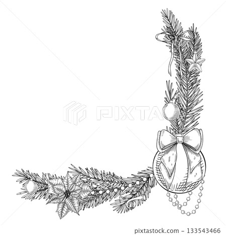 Vector illustration with spruce branches, poinsettia, ornaments, and beads forming Christmas corner wreath. Linear drawing of round Template for festive greeting cards or New Year invitations. 133543466
