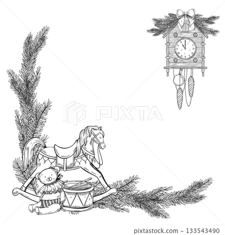 Vector illustration with spruce branches, clock, and vintage toys forming a festive Christmas frame. Linear template with rocking horse and teddy bear for Xmas holiday greeting card or invitations. Vector illustration with spruce branches, clock, and vintage toys forming a festive Christmas frame. Linear template with rocking horse and teddy bear for Xmas holiday greeting card or invitations. 133543490