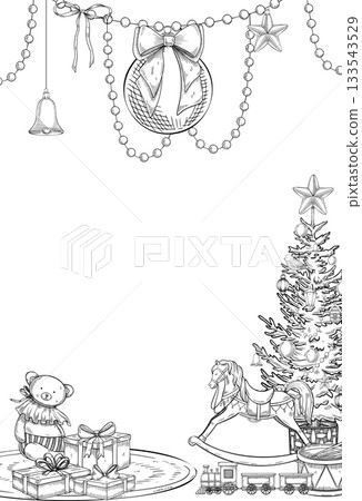 Christmas vector Template for Baby greeting cards or childish New Year invitations. Linear illustration of Frame with retro baby toys and fir tree baubles. Background with rocking horse and gifts. Christmas vector Template for Baby greeting cards or childish New Year invitations. Linear illustration of Frame with retro baby toys and fir tree baubles. Background with rocking horse and gifts. 133543529