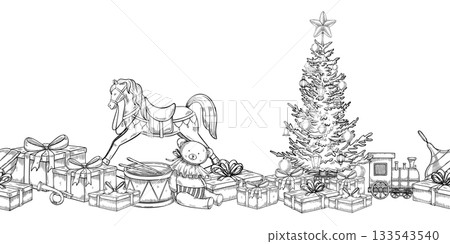 Vector seamless Border with vintage Baby Toys. Linear illustration for Christmas design with retro rocking horse and teddy bear on isolated background. Outline drawing of frame with fir tree. Vector seamless Border with vintage Baby Toys. Linear illustration for Christmas design with retro rocking horse and teddy bear on isolated background. Outline drawing of frame with fir tree. 133543540