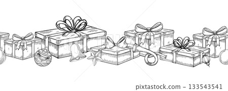 Vector seamless border with Christmas presents, ribbons, and pine branches. Linear illustration of ornament with gift boxes and bows for Xmas invitations or New Year greeting cards. Art for frame. Vector seamless border with Christmas presents, ribbons, and pine branches. Linear illustration of ornament with gift boxes and bows for Xmas invitations or New Year greeting cards. Art for frame. 133543541