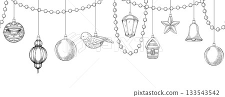 Seamless vector pattern with Christmas ornaments, baubles, and festive decorations. Illustration of Xmas border for New Year wrapping paper or greeting cards. Art with garlands for invitations. Seamless vector pattern with Christmas ornaments, baubles, and festive decorations. Illustration of Xmas border for New Year wrapping paper or greeting cards. Art with garlands for invitations. 133543542