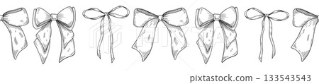 Vector Bow seamless border painted in linear style. Outline drawing of pattern with tied Ribbons. Etching of banner for Birthday greeting cards or Christmas invitations. Engraving for party banner. Vector Bow seamless border painted in linear style. Outline drawing of pattern with tied Ribbons. Etching of banner for Birthday greeting cards or Christmas invitations. Engraving for party banner. 133543543