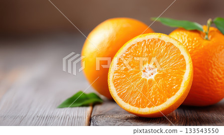 Fresh oranges on rustic wooden table, vibrant and juicy, showcasing their bright color and texture, evoke sense of natural freshness and health 133543550