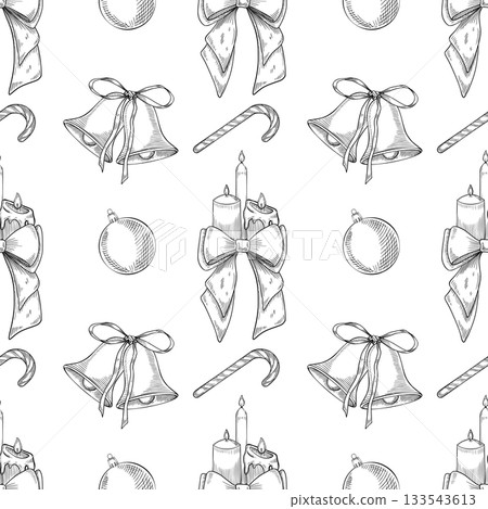 Seamless vector pattern with bells, bows, candles, and candy canes. Illustration of background for Christmas wrapping paper or Xmas festive textiles in outline linear style. Backdrop for New Year. 133543613