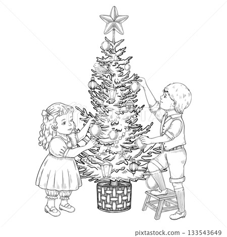Christmas Tree vector illustration with children decorating tree with ornaments. Linear drawing with boy and girl decorating pine with baubles and star for vintage Xmas greeting cards or New Year art. 133543649