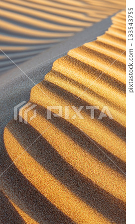 Golden sunlight casts beautiful shadows on textured surface of sand dunes, creating mesmerizing pattern of light and shadow. warm tones evoke sense of tranquility and natural beauty 133543755