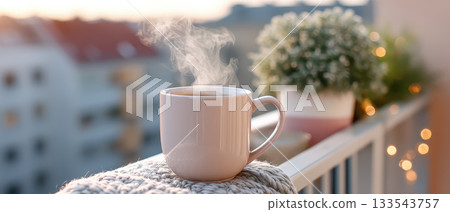 Steaming cup of coffee rests on cozy blanket on balcony, with blurred background of buildings and potted plant, creating warm and inviting morning atmosphere 133543757