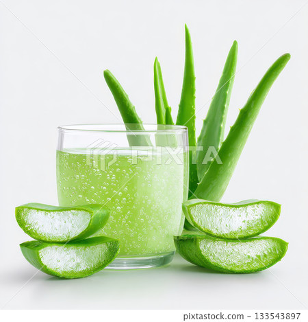 Refreshing aloe vera juice made from natural ingredients offers essential benefits for health and wellness. This drink is perfect for aromatherapy and revitalizing body with its soothing 133543897