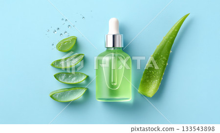 Aromatherapy essential oil in green bottle alongside fresh aloe vera leaves showcases beauty of natural ingredients. This combination promotes wellness and relaxation Aromatherapy essential oil in green bottle alongside fresh aloe vera leaves showcases beauty of natural ingredients. This combination promotes wellness and relaxation 133543898