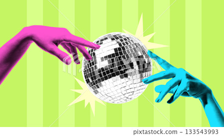 Vibrant collage with pink and blue hands reaching for disco ball Vibrant collage with pink and blue hands reaching for disco ball 133543993