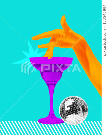 Bright composition with neon hand hovering over cocktail glass. Bright composition with neon hand hovering over cocktail glass. 133543994