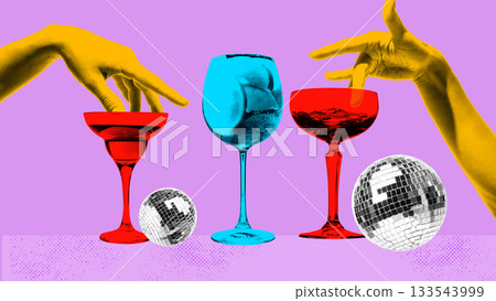 Modern collage with hands, cocktail glasses and disco spheres. 133543999