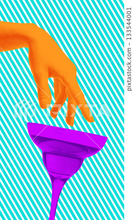 Graphic collage with neon hand touching cocktail glass. Graphic collage with neon hand touching cocktail glass. 133544001