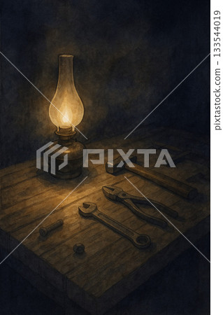 Tool series: A composition of lamplight hitting a workbench at night 133544019