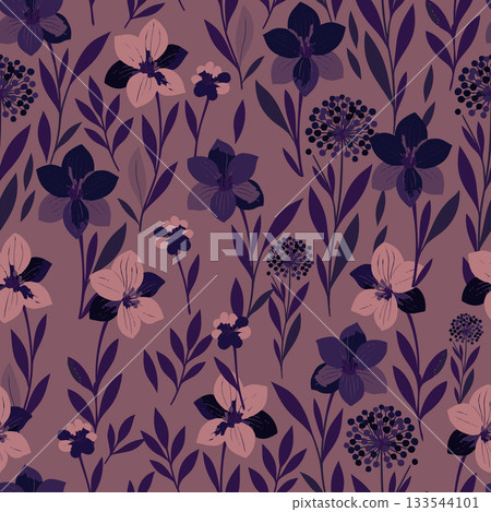 Elegant, vibrant seamless pattern featuring pink Amaryllis and purple Allium Giant Onion flowers on a deep background. Perfect for fabric and textiles Elegant, vibrant seamless pattern featuring pink Amaryllis and purple Allium Giant Onion flowers on a deep background. Perfect for fabric and textiles 133544101