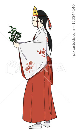 Shrine maiden performing a religious ceremony Shrine maiden performing a religious ceremony 133544140
