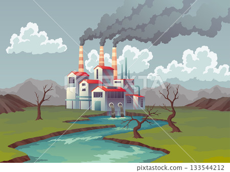 Pollution factory, plant pipes from which smoke comes out. Trash emission to river water. Landscape with nature ecology problem concept in flat style. Dirty waste water polluted environment 133544212