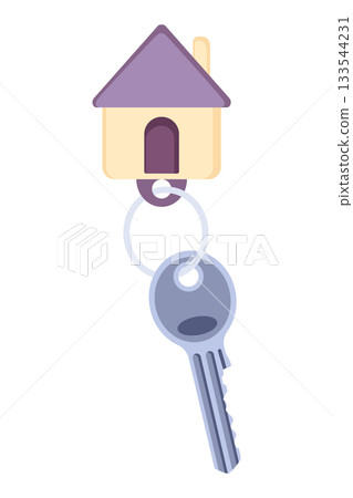 Door keys keyfob. Ring with trinket, keychains plastic tag hanging on keyring. House, apartment or room locking accessories. Cartoon flat vector isolated on white background 133544231