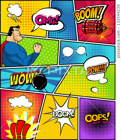 Comics Template. Vector Retro Comic Book Speech Bubbles Illustration. Mock-up of Comic Book Page with place for Text, Speech Bubbls, Symbols, Colored Halftone Background and Superhero Comics Template. Vector Retro Comic Book Speech Bubbles Illustration. Mock-up of Comic Book Page with place for Text, Speech Bubbls, Symbols, Colored Halftone Background and Superhero 133544239