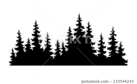 Fir trees silhouette. Coniferous spruce horizontal background pattern, black evergreen woods vector illustration. Beautiful hand drawn panorama of coniferous forest Fir trees silhouette. Coniferous spruce horizontal background pattern, black evergreen woods vector illustration. Beautiful hand drawn panorama of coniferous forest 133544243