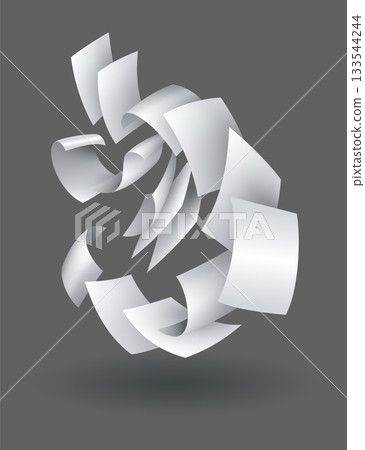 Falling paper sheets. Set of flying curved leaves of paper. Vector loose soar of notes with curled edges. Fly scattered notes, empty chaotic paperwork 133544244
