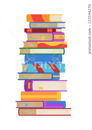 High book stacks or pile. Library textbooks and school literature heaps, dictionaries. Bookstore advertise. Cartoon stacked books angle view with different colorful covers isolated on white 133544270