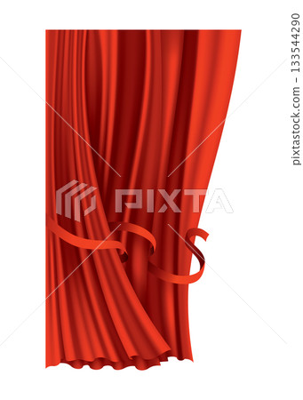 Red curtains realistic. Theater fabric silk decoration for movie cinema or opera hall. Curtains and draperies interior decoration object. Isolated on transparent for theater stage Red curtains realistic. Theater fabric silk decoration for movie cinema or opera hall. Curtains and draperies interior decoration object. Isolated on transparent for theater stage 133544290