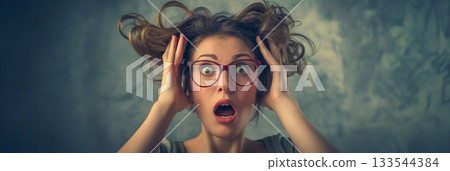 A woman with oversized glasses expresses shock, her hands on her head, against a textured background. 133544384