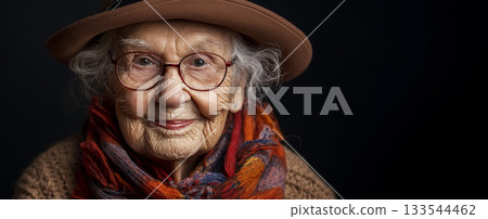 Dignified elderly lady with a wise gaze, her life experiences etched into her wrinkles, wearing a hat and scarf. 133544462