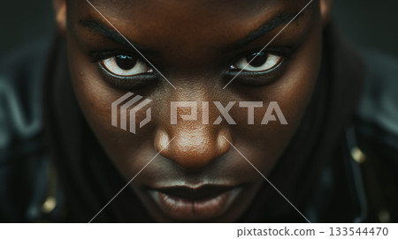 An close-up of a person's face, focusing on the powerful and captivating gaze of their eyes. 133544470