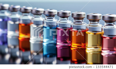 Row of small glass vials filled with colorful liquids, symbolizing chemical diversity and scientific research. 133544471