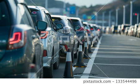 A long line of vehicles in a traffic jam, with focus on the tail lights and the highway leading ahead. 133544496