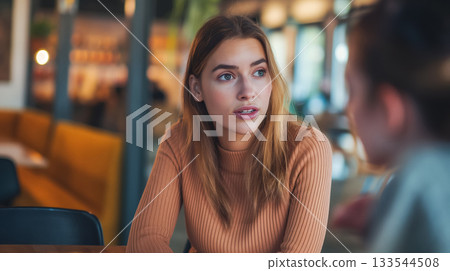 A woman deeply engaged in a conversation at a cafe, her expression one of intent listening and interest. 133544508